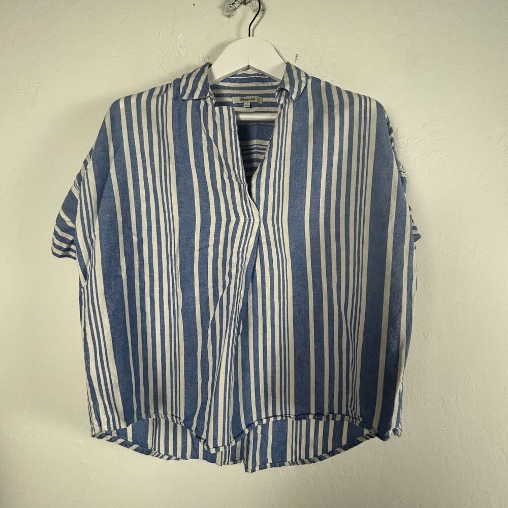 Madewell Womens Blue Striped Button-Back Short-Sleeve Shirt Small Linen Blend